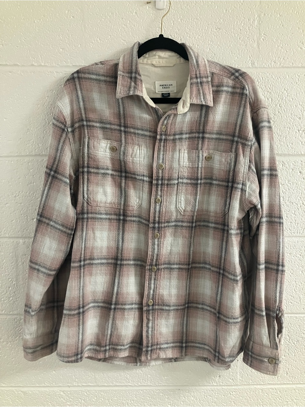 American Eagle Outfitters Men's Dusty Pink and White Plaid Button-Down Shirt